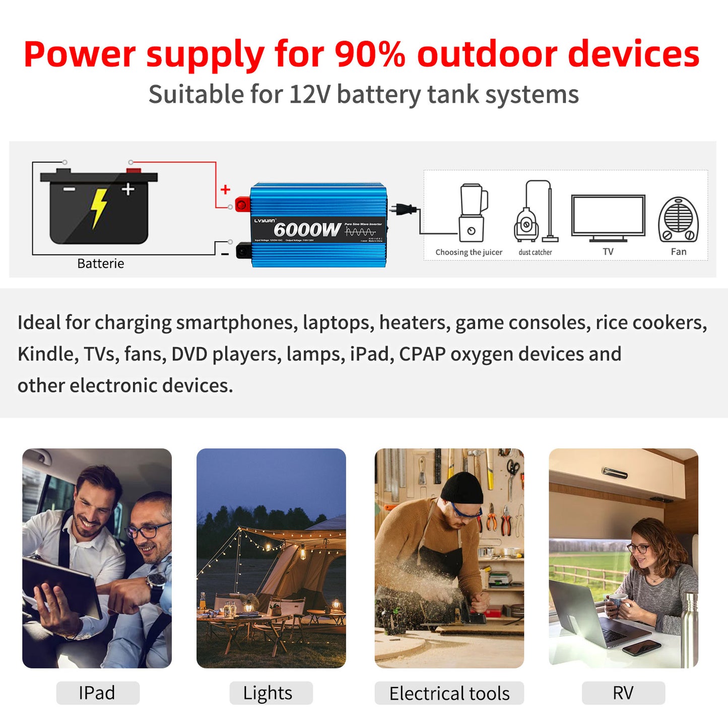 LVYUAN 3000W 6000W Peak Pure Sine Wave Power Inverter 12V DC to 110V AC Converter, 60Hz/50Hz, 4 AC Outlets + USB, LCD Display, Remote Control for Car, RV, Camping & Home Backup Blue