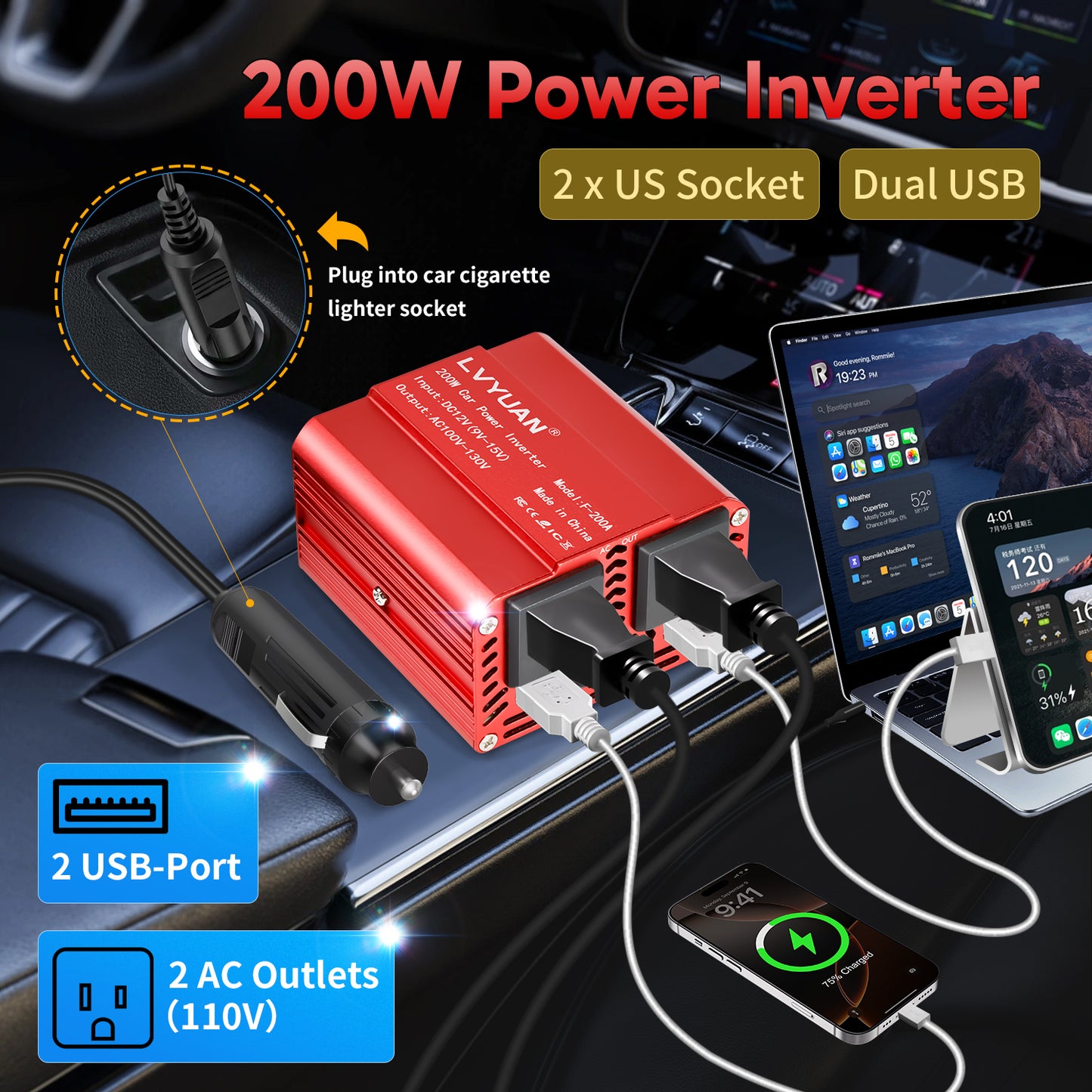 LVYUAN 200W Modified Sine Wave Power Inverter 12V DC to 110V AC Vehicles Converter 2 AC Outlets + 2USB Charger Car Plug Adapter for Laptop, Computer, Car, RV, Camping & Home Red
