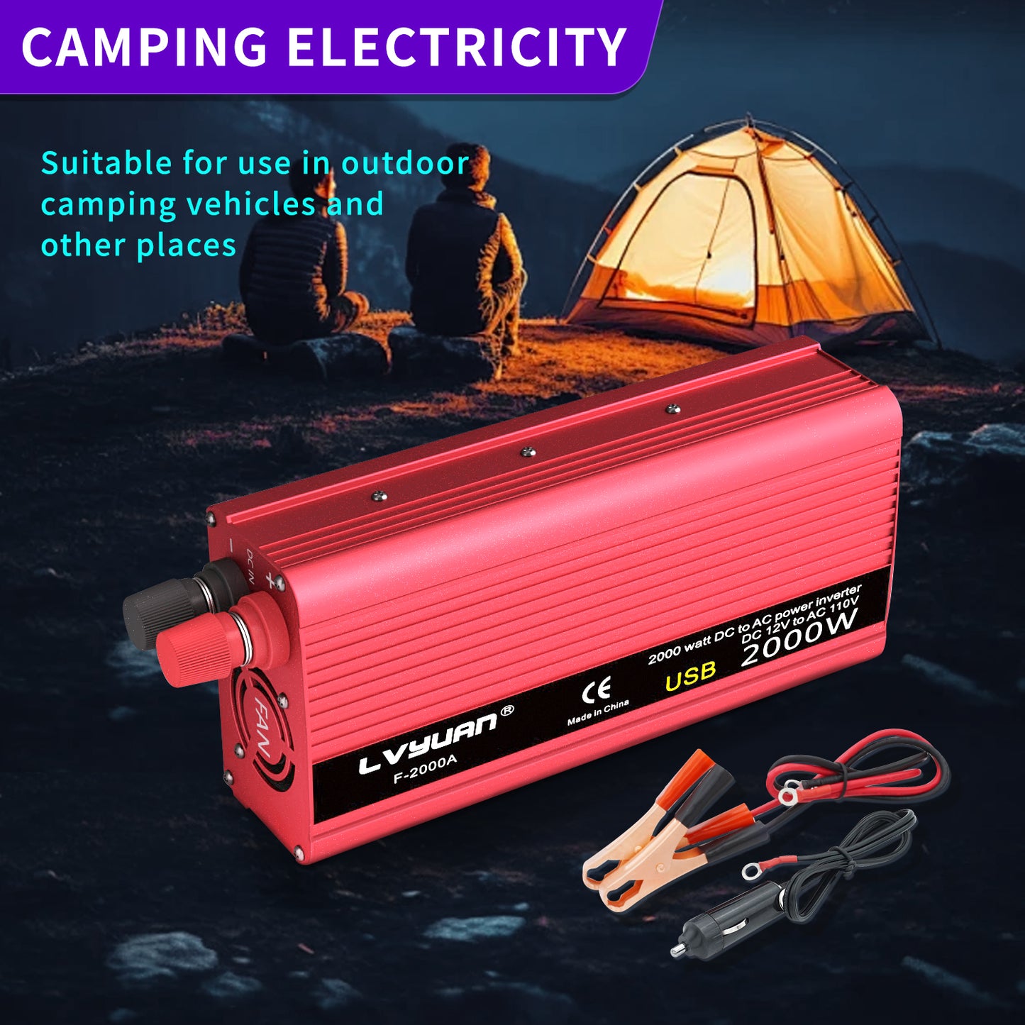LVYUAN 2000 Watts Peak Power Inverter Modified Sine Wave DC 12V to AC 110V 120V Car Converter 2 AC Outlets + USB Adapter USB Charger for Car, RV, Camping & Home Backup Red