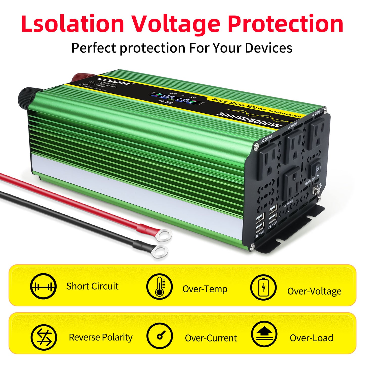 LVYUAN 3000W 6000W Pure Sine Wave Power Inverter DC 12V to AC 110V 120V Car Converter 4 AC Outlets + 4 USB LCD Display with Remote Control for Car, RV, Camping & Home Backup Green