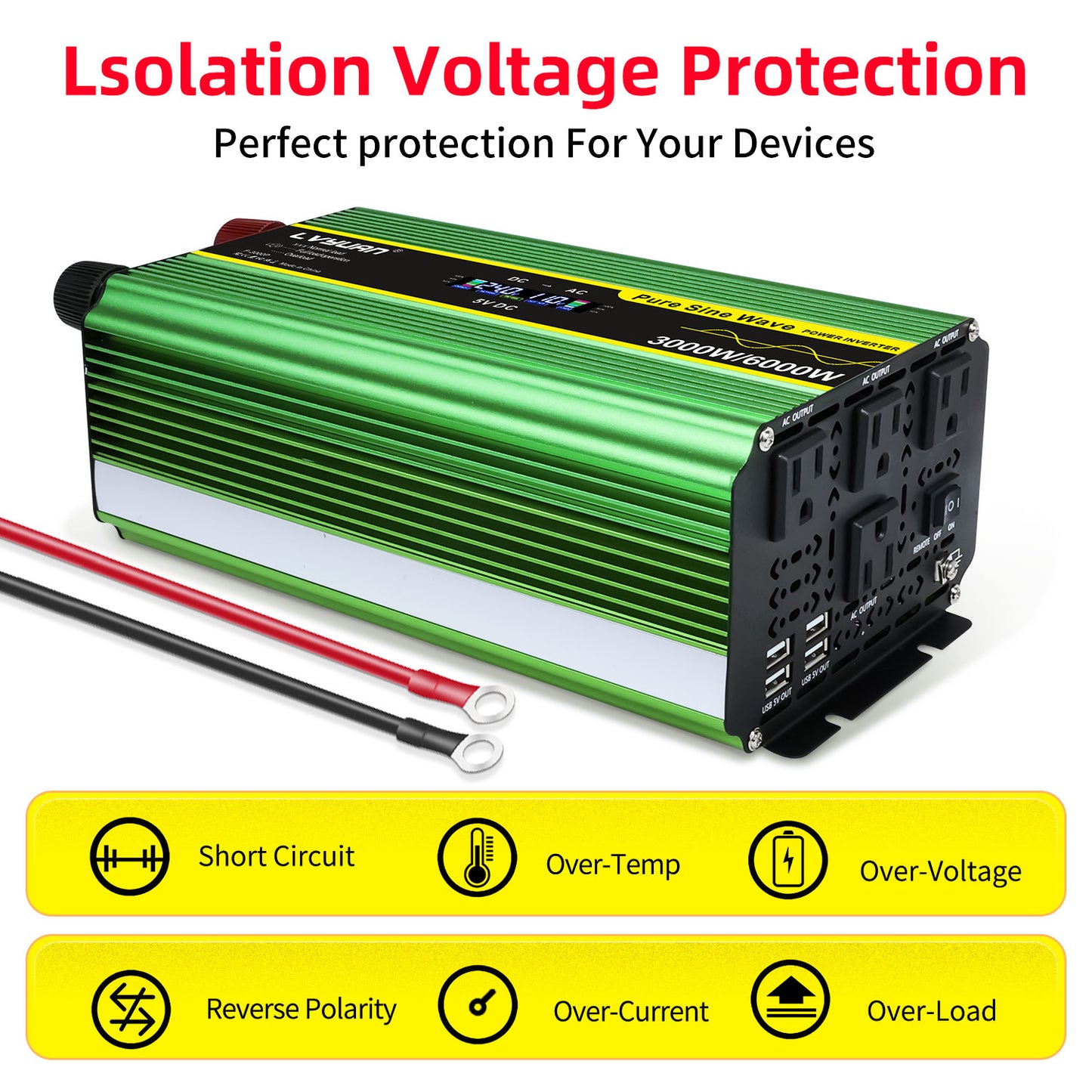 LVYUAN 3000W 6000W Pure Sine Wave Power Inverter DC 24V to AC 110V 120V Car Converter 4 AC Outlets + 4 USB LCD Display with Remote Control for Car, RV, Camping & Home Backup Green
