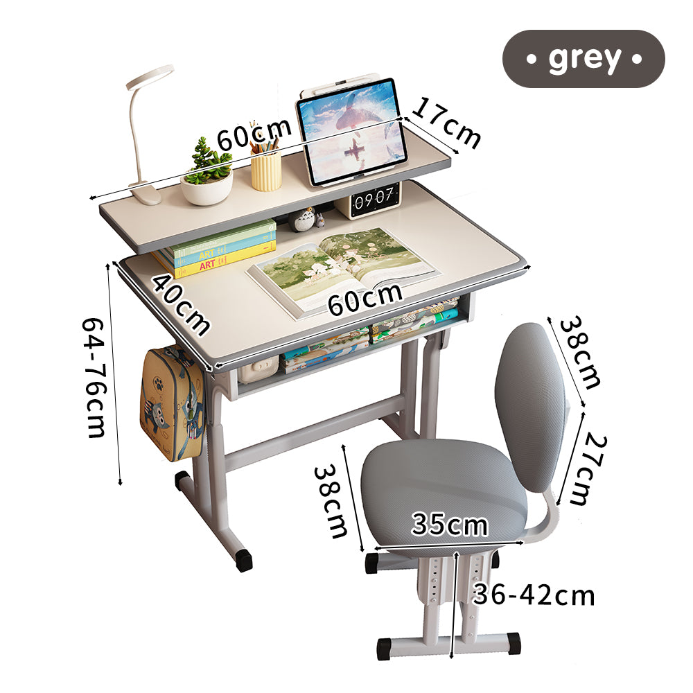 Kids Study Desk and Chair Set, LVYUAN Children School Drawing Desk Chair Set Height Adjustable Ergonomic Table and Chair Set with LED Lamp, Book Stand, Storage Drawer, Hook Gray