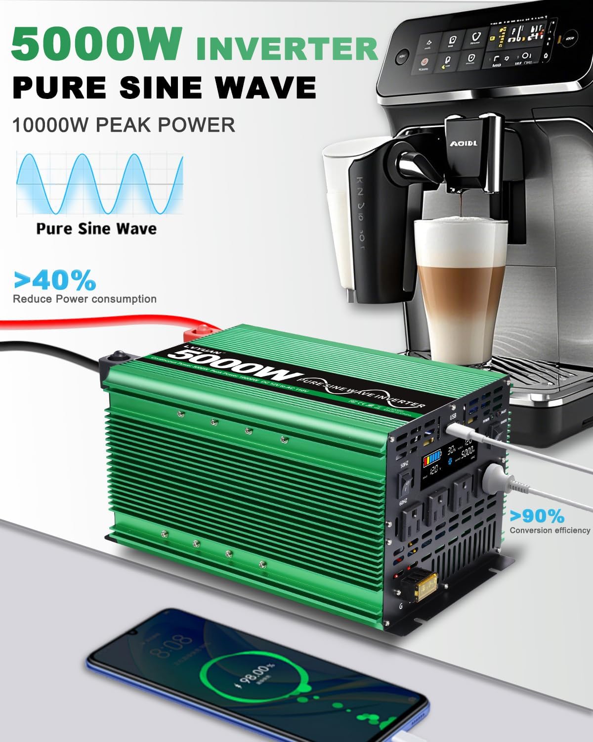 LVYUAN 5000W Pure Sine Wave Power Inverter 12V DC to 110V AC Converter with LCD Display, 4 AC Outlets, USB Port & Remote Control for RV, Home, Car, Camping