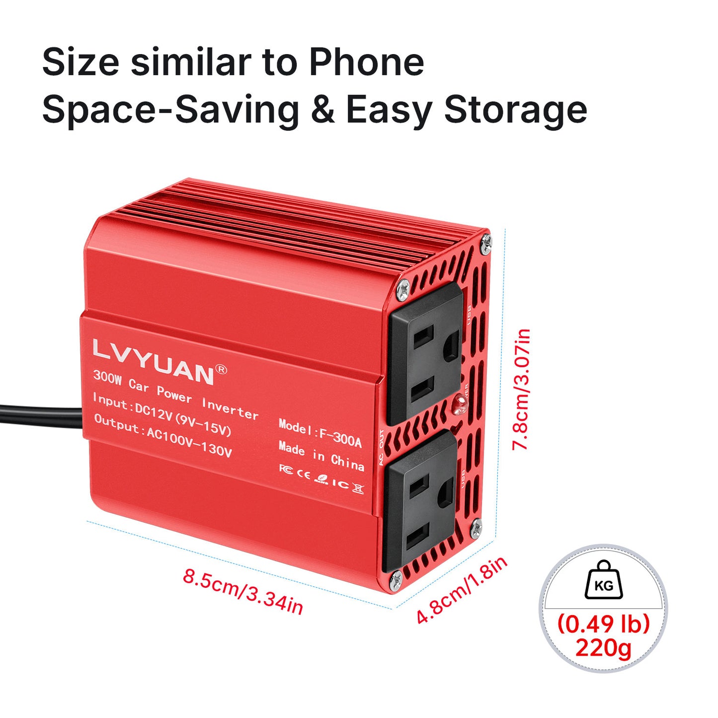 LVYUAN 300W Modified Sine Wave Power Inverter 12V DC to 110V AC Vehicles Converter 2 AC Outlets + 2USB Charger Car Plug Adapter for Laptop, Computer, Car, RV, Camping & Home Red