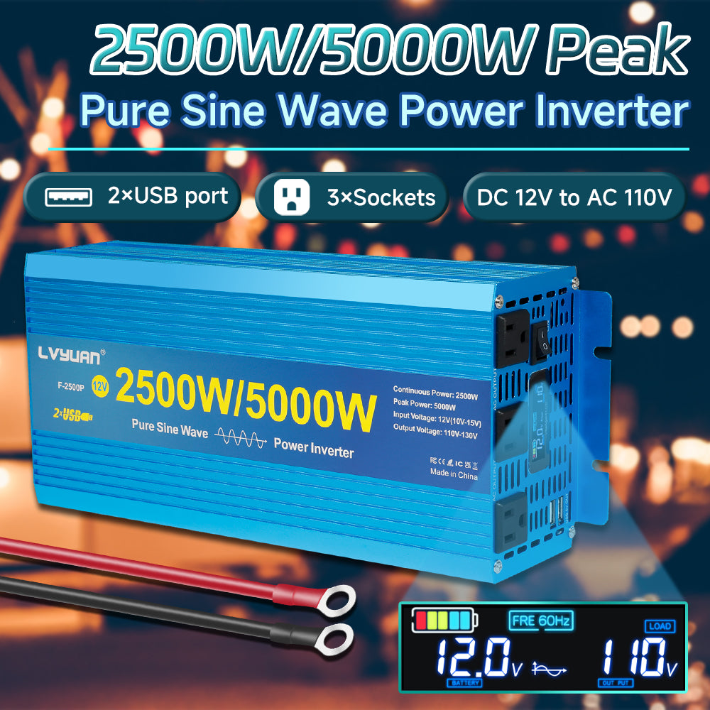 LVYUAN 2500W 5000W Peak Power Inverter DC 12V to AC 110V Pure Sine Wave Car Battery Inverter 3 AC Outlets & 2 USB Charger Adapter LCD Display for Car, RV, Truck, Camping, Home Backup, Emergency Power