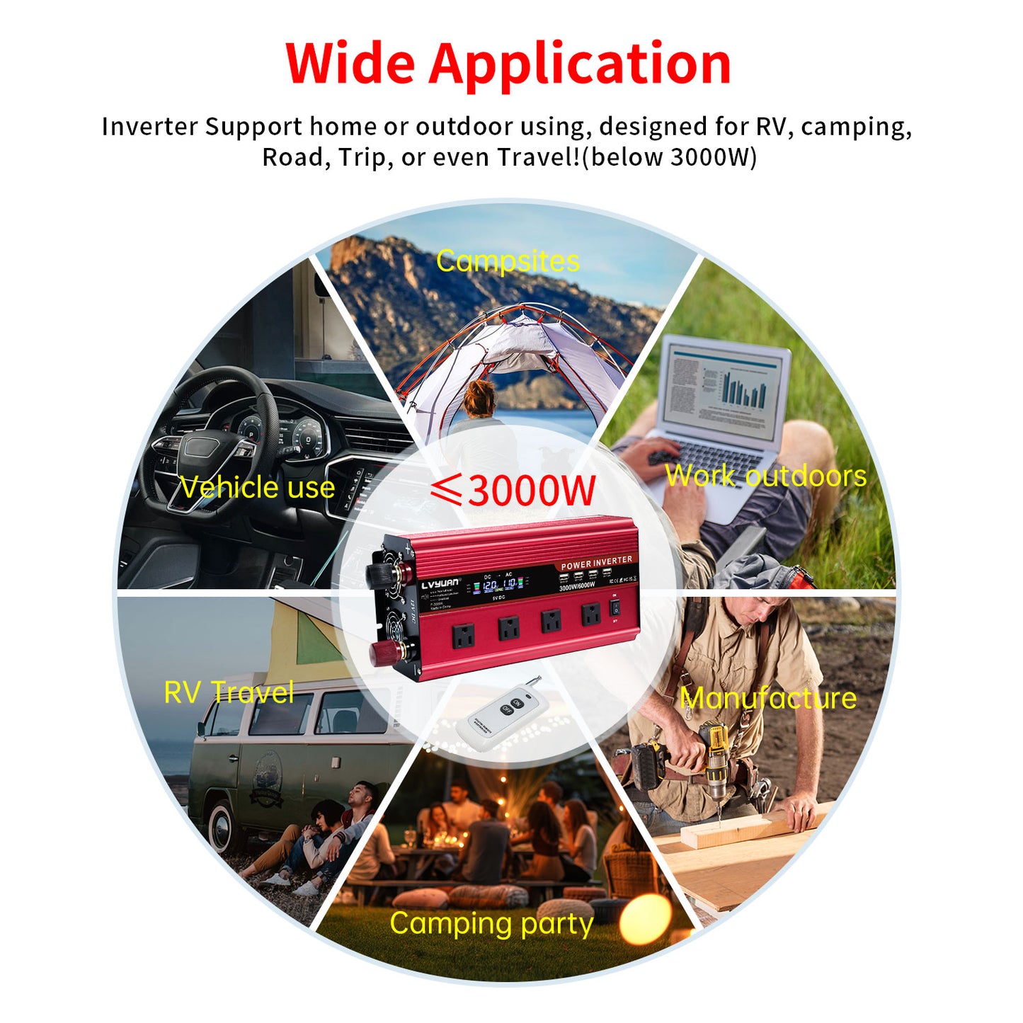 LVYUAN 3000W / 6000W Modified Sine Wave Power Inverter DC 12V to AC 110V Converter with LCD Display & Remote Control 4AC 4USB