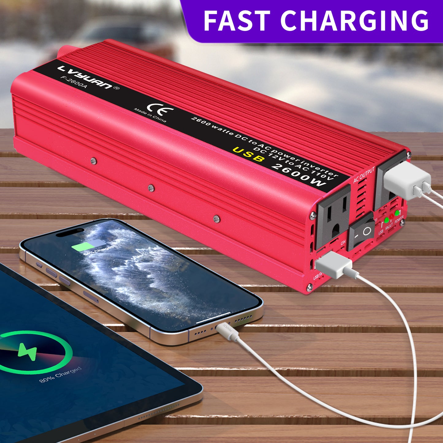 LVYUAN 2600 Watts Peak Power Inverter Modified Sine Wave DC 12V to AC 110V 120V Car Converter 2 AC Outlets + USB Adapter USB Charger for Car, RV, Camping & Home Backup Red