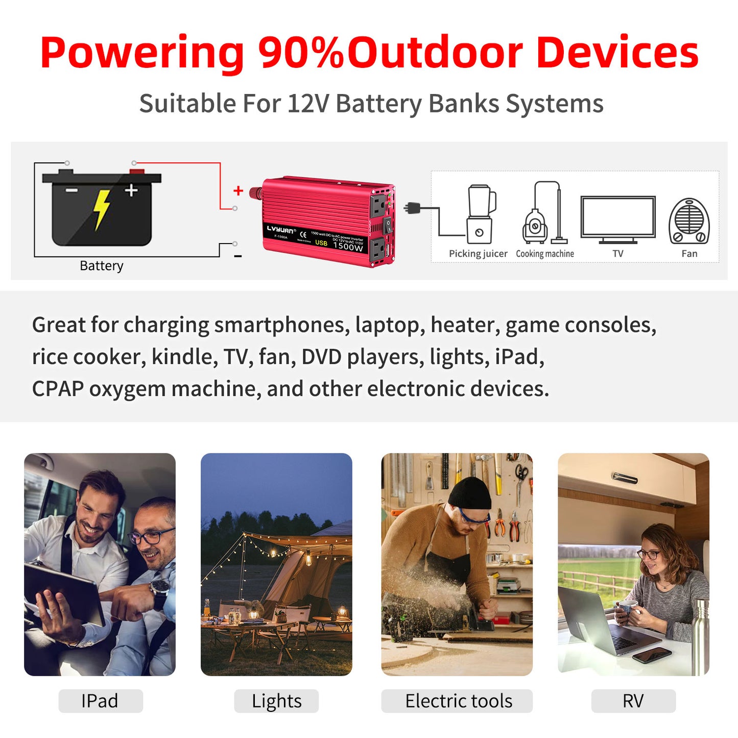 LVYUAN 1500 Watts Peak Power Inverter Modified Sine Wave DC 12V to AC 110V 120V Car Converter 2 AC Outlets + USB Adapter USB Charger for Car, RV, Camping & Home Backup Red