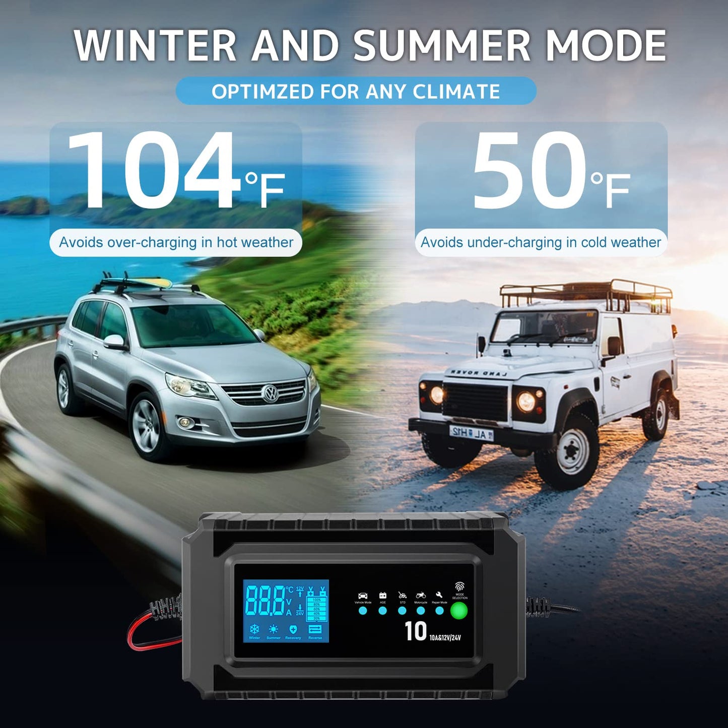 LVYUAN 10A Ladegerät Autobatterie, 12V/24V Fahrzeugbatterieladegerät, Batteriewartungsgerät, Erhaltungsladegerät, Floatladegerät und Desulfator für AGM, Motorrad und Blei Säure Batterien
