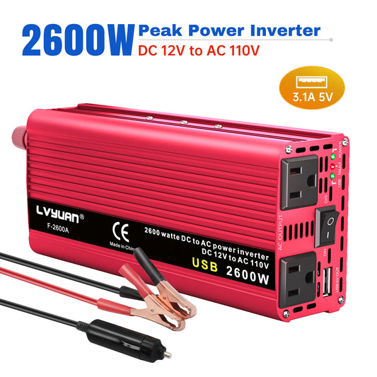 LVYUAN 2600 Watts Peak Power Inverter Modified Sine Wave DC 12V to AC 110V 120V Car Converter 2 AC Outlets + USB Adapter USB Charger for Car, RV, Camping & Home Backup Red