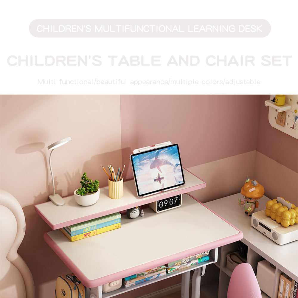 Kids Study Desk and Chair Set, LVYUAN Children School Drawing Desk Chair Set Height Adjustable Ergonomic Table and Chair Set  with LED Lamp, Book Stand, Storage Drawer, Hook Pink