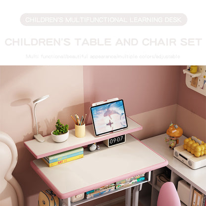 Kids Study Desk and Chair Set, LVYUAN Children School Drawing Desk Chair Set Height Adjustable Ergonomic Table and Chair Set  with LED Lamp, Book Stand, Storage Drawer, Hook Pink