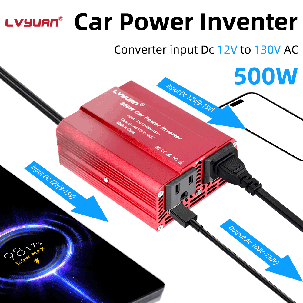LVYUAN 500W Modified Sine Wave Power Inverter 12V DC to 110V AC Vehicles Converter 2 AC Outlets + 2USB Charger Car Plug Adapter for Laptop, Computer, Car, RV, Camping & Home Red