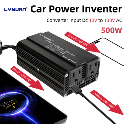 LVYUAN 500W Modified Sine Wave Power Inverter 12V DC to 110V AC Vehicles Converter 2 AC Outlets + 2USB Charger Car Plug Adapter for Laptop, Computer, Car, RV, Camping & Home Black