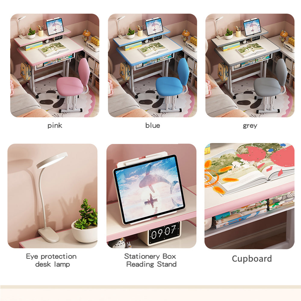 Kids Study Desk and Chair Set, LVYUAN Children School Drawing Desk Chair Set Height Adjustable Ergonomic Table and Chair Set  with LED Lamp, Book Stand, Storage Drawer, Hook Pink