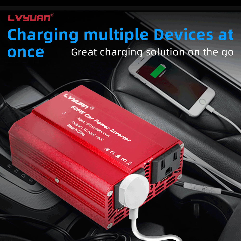 LVYUAN 500W Modified Sine Wave Power Inverter 12V DC to 110V AC Vehicles Converter 2 AC Outlets + 2USB Charger Car Plug Adapter for Laptop, Computer, Car, RV, Camping & Home Red