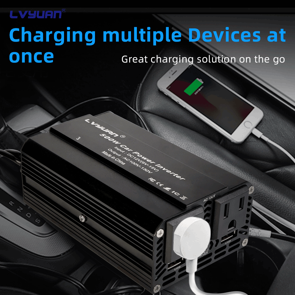 LVYUAN 500W Modified Sine Wave Power Inverter 12V DC to 110V AC Vehicles Converter 2 AC Outlets + 2USB Charger Car Plug Adapter for Laptop, Computer, Car, RV, Camping & Home Black