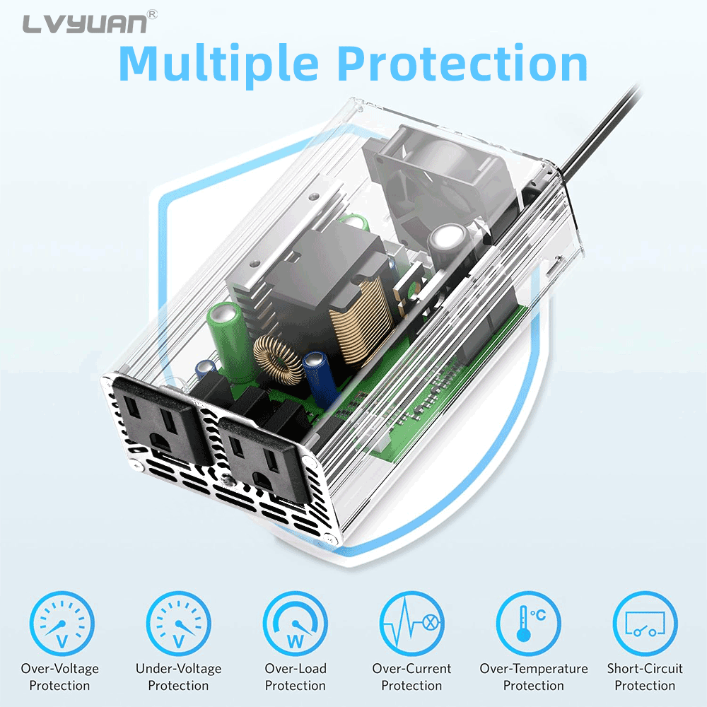 LVYUAN 500W Modified Sine Wave Power Inverter 12V DC to 110V AC Vehicles Converter 2 AC Outlets + 2USB Charger Car Plug Adapter for Laptop, Computer, Car, RV, Camping & Home Red