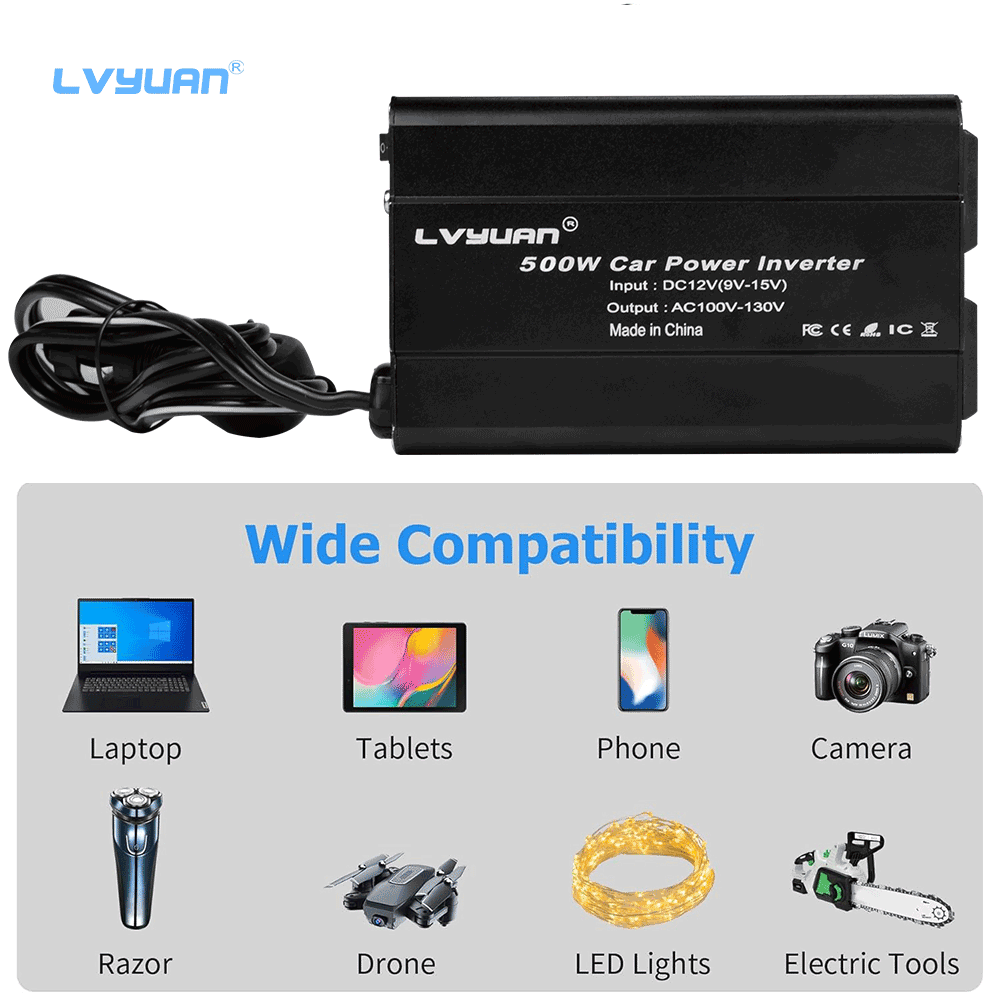 LVYUAN 500W Modified Sine Wave Power Inverter 12V DC to 110V AC Vehicles Converter 2 AC Outlets + 2USB Charger Car Plug Adapter for Laptop, Computer, Car, RV, Camping & Home Black