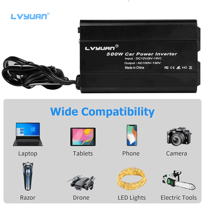 LVYUAN 500W Modified Sine Wave Power Inverter 12V DC to 110V AC Vehicles Converter 2 AC Outlets + 2USB Charger Car Plug Adapter for Laptop, Computer, Car, RV, Camping & Home Black