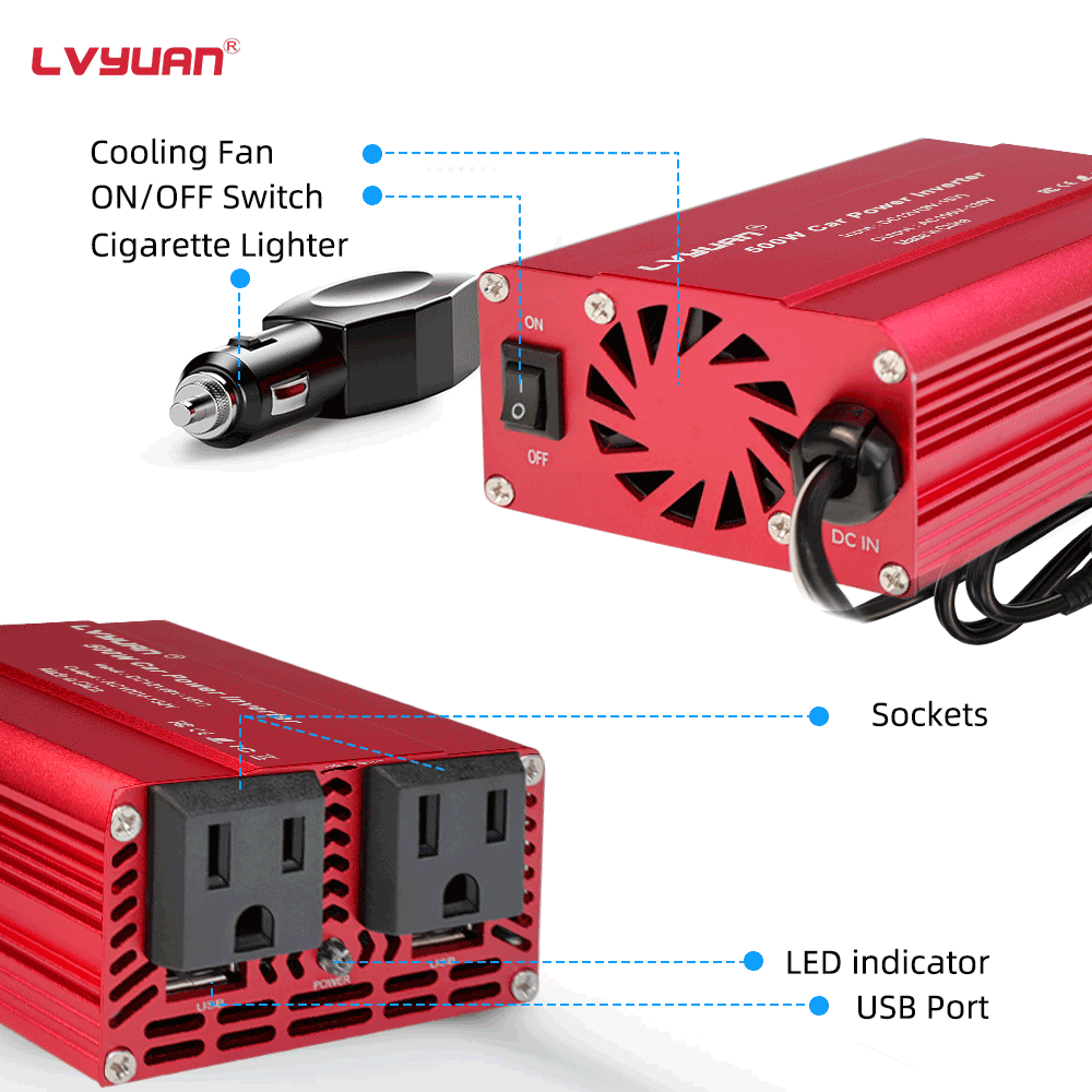 LVYUAN 500W Modified Sine Wave Power Inverter 12V DC to 110V AC Vehicles Converter 2 AC Outlets + 2USB Charger Car Plug Adapter for Laptop, Computer, Car, RV, Camping & Home Red