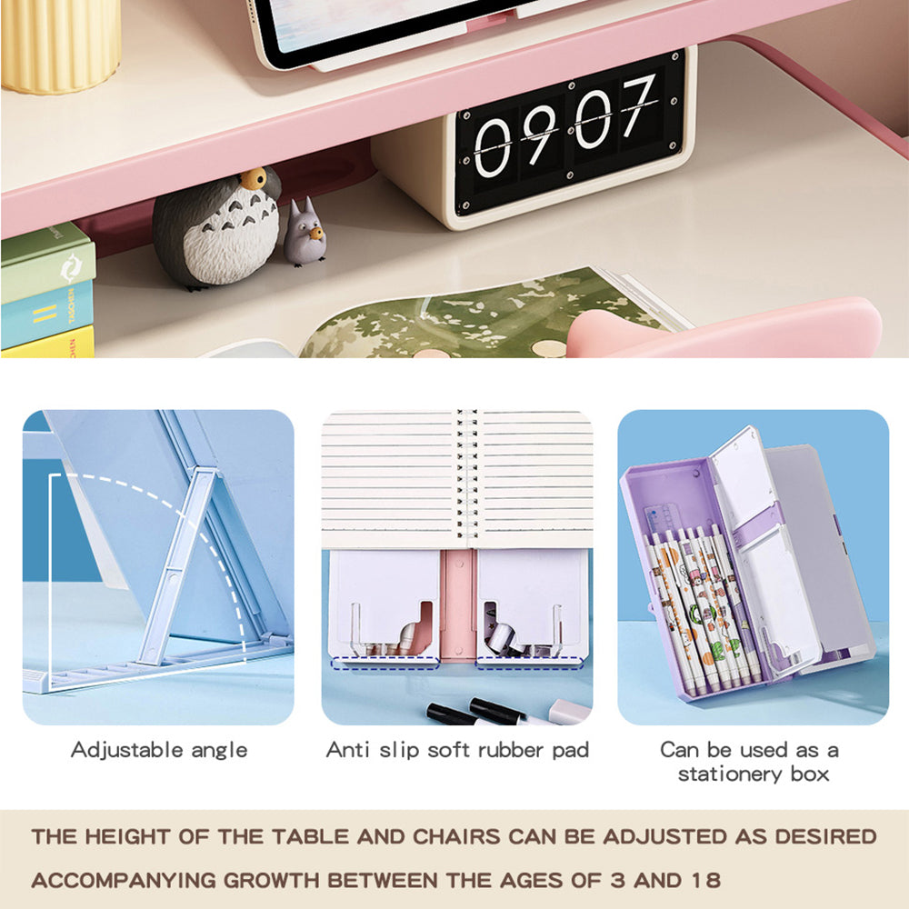 Kids Study Desk and Chair Set, LVYUAN Children School Drawing Desk Chair Set Height Adjustable Ergonomic Table and Chair Set  with LED Lamp, Book Stand, Storage Drawer, Hook Pink