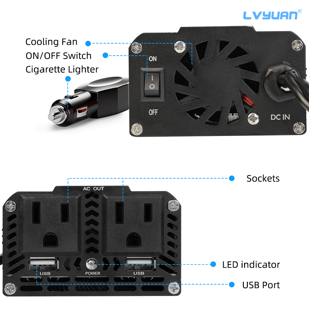 LVYUAN 500W Modified Sine Wave Power Inverter 12V DC to 110V AC Vehicles Converter 2 AC Outlets + 2USB Charger Car Plug Adapter for Laptop, Computer, Car, RV, Camping & Home Black