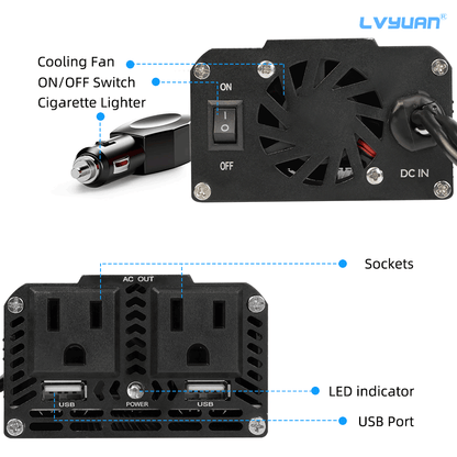 LVYUAN 500W Modified Sine Wave Power Inverter 12V DC to 110V AC Vehicles Converter 2 AC Outlets + 2USB Charger Car Plug Adapter for Laptop, Computer, Car, RV, Camping & Home Black