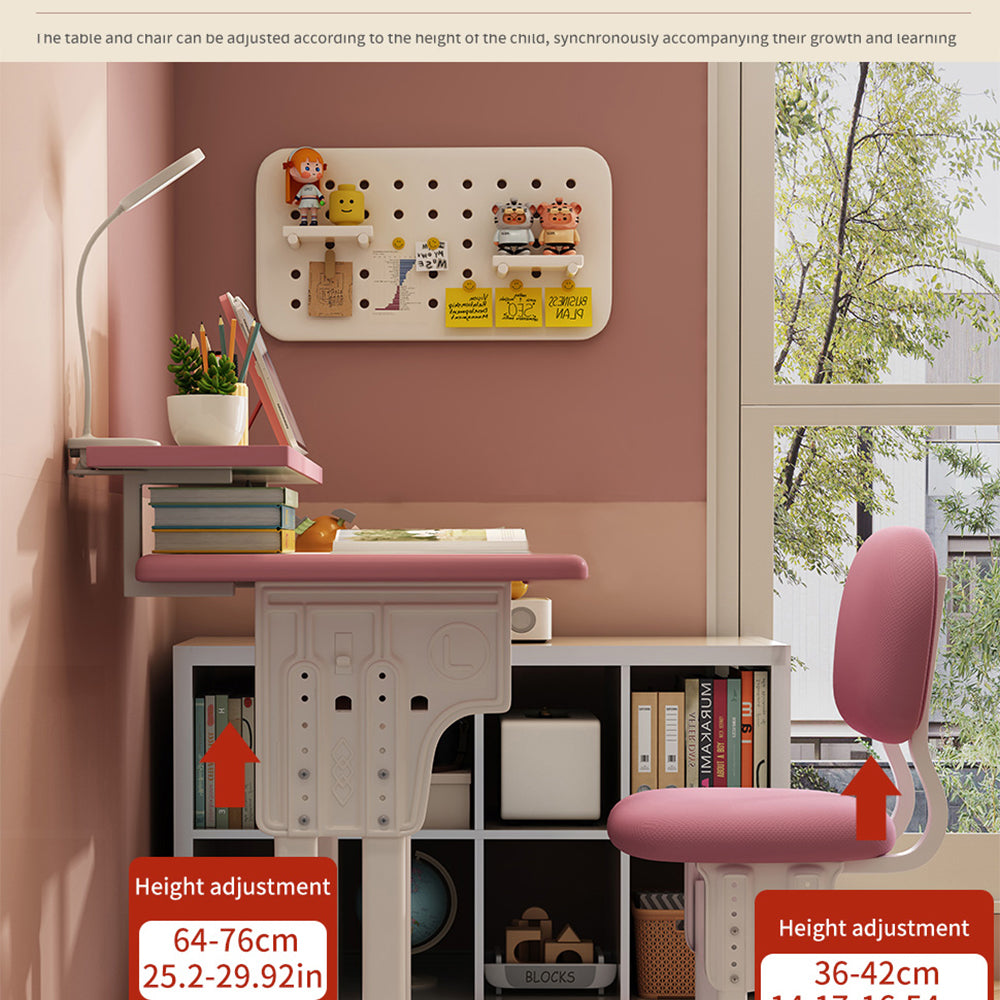 Kids Study Desk and Chair Set, LVYUAN Children School Drawing Desk Chair Set Height Adjustable Ergonomic Table and Chair Set  with LED Lamp, Book Stand, Storage Drawer, Hook Pink
