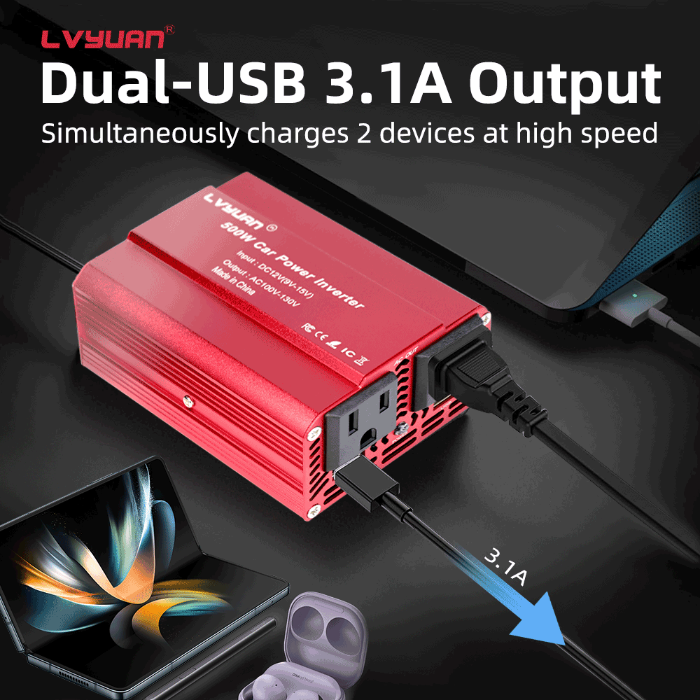 LVYUAN 500W Modified Sine Wave Power Inverter 12V DC to 110V AC Vehicles Converter 2 AC Outlets + 2USB Charger Car Plug Adapter for Laptop, Computer, Car, RV, Camping & Home Red