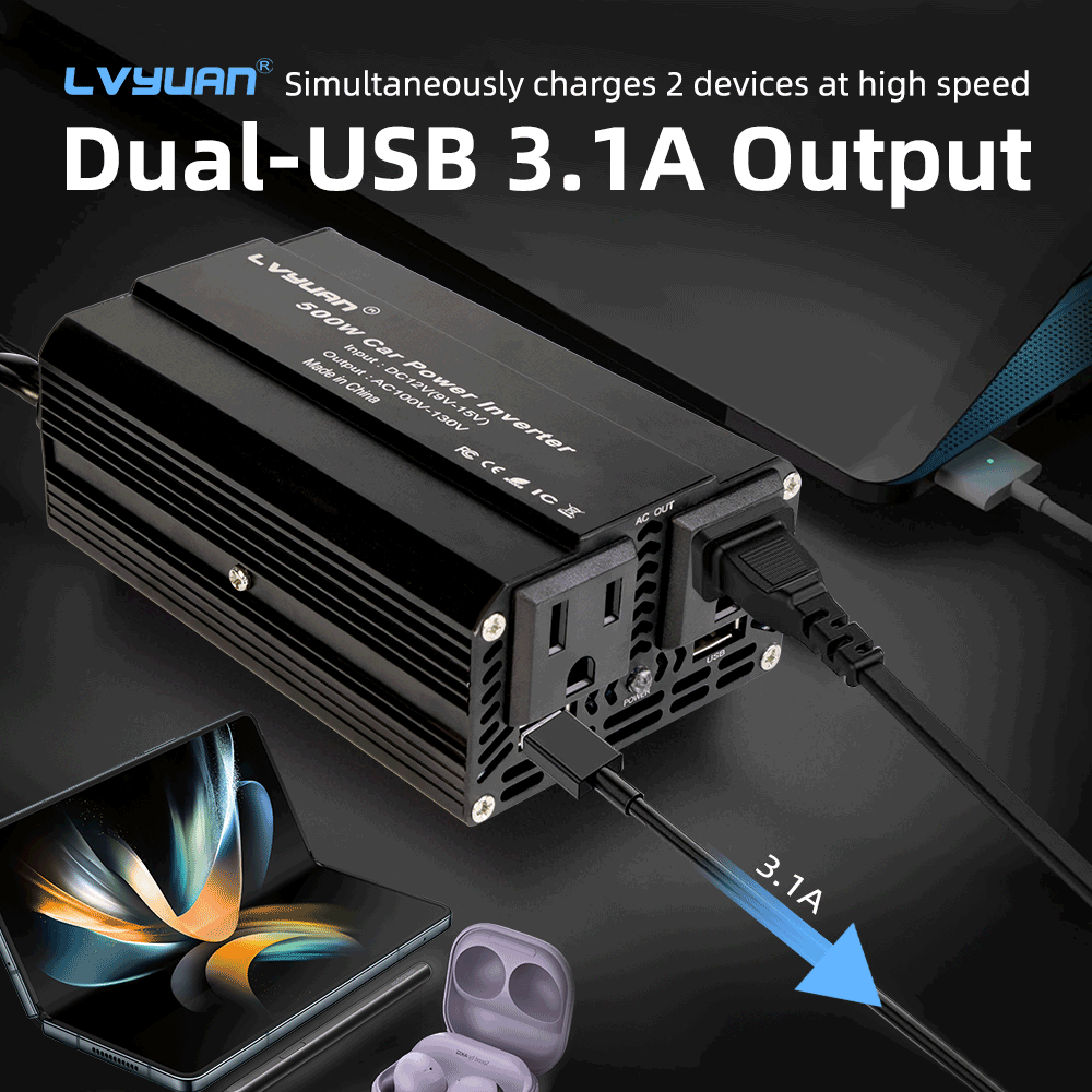 LVYUAN 500W Modified Sine Wave Power Inverter 12V DC to 110V AC Vehicles Converter 2 AC Outlets + 2USB Charger Car Plug Adapter for Laptop, Computer, Car, RV, Camping & Home Black