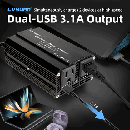 LVYUAN 500W Modified Sine Wave Power Inverter 12V DC to 110V AC Vehicles Converter 2 AC Outlets + 2USB Charger Car Plug Adapter for Laptop, Computer, Car, RV, Camping & Home Black
