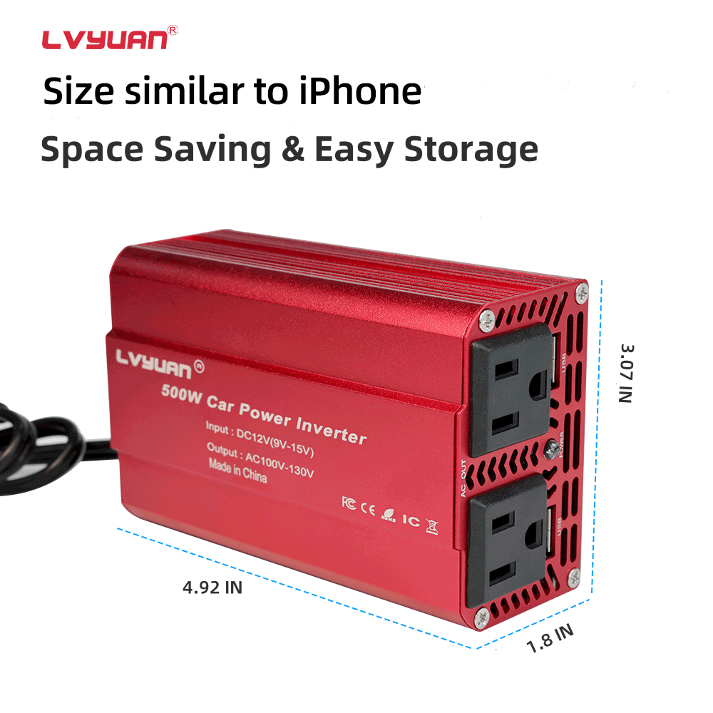 LVYUAN 500W Modified Sine Wave Power Inverter 12V DC to 110V AC Vehicles Converter 2 AC Outlets + 2USB Charger Car Plug Adapter for Laptop, Computer, Car, RV, Camping & Home Red