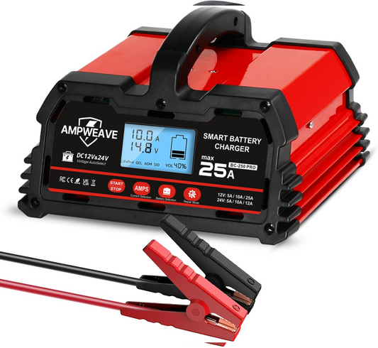 AmpWeave 25A Smart Car Battery Charger,12V(5/10/25A) and 24V(5/10A) Automotive Charger,Battery Maintainer with LCD Display,Trickle Charger,for Motorcycle,AGM,Lawn Mower and Lead-Acid Batteries