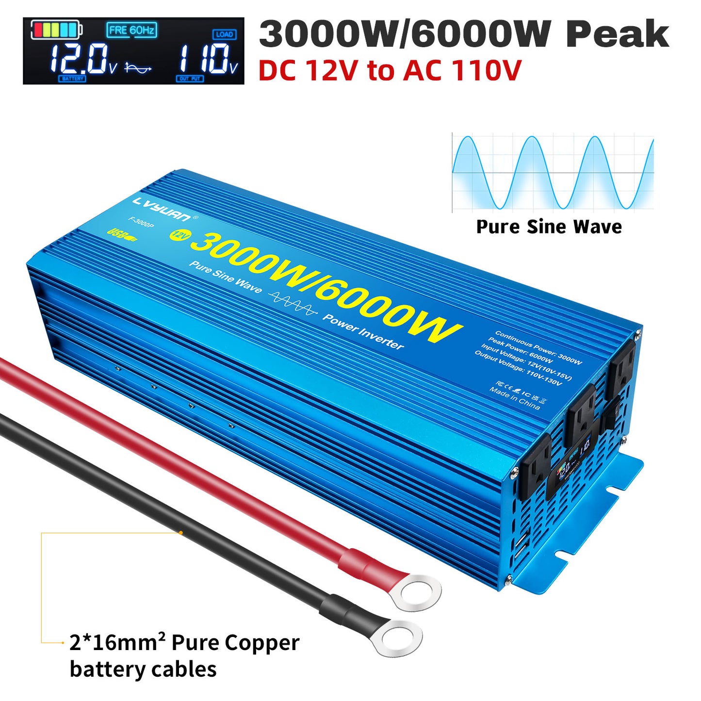 LVYUAN 3000W 6000W Peak Power Inverter DC 12V to AC 110V Pure Sine Wave Car Battery Inverter 3 AC Outlets & 2 USB Charger Adapter LCD Display for Car, RV, Truck, Camping, Home Backup, Emergency Power