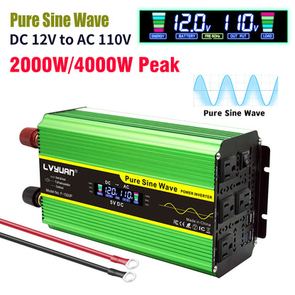LVYUAN 2000W 4000W Pure Sine Wave Power Inverter DC 12V to AC 110V 120V Car Converter 4 AC Outlets + 4 USB LCD Display with Remote Control for Car, RV, Camping & Home Backup Green