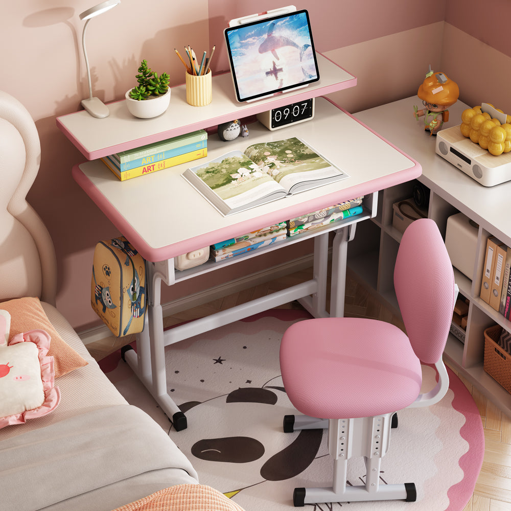 Kids Study Desk and Chair Set, LVYUAN Children School Drawing Desk Chair Set Height Adjustable Ergonomic Table and Chair Set  with LED Lamp, Book Stand, Storage Drawer, Hook Pink