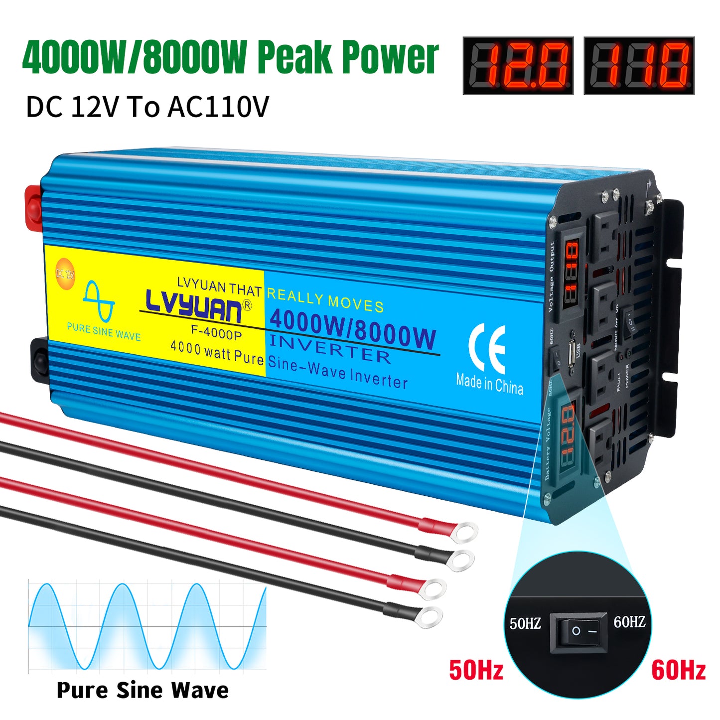 LVYUAN 4000W 8000W Peak Pure Sine Wave Power Inverter 12V DC to 110V AC Converter, 60Hz/50Hz, 4 AC Outlets + USB, LED Display, Remote Control for Car, RV, Camping & Home Backup