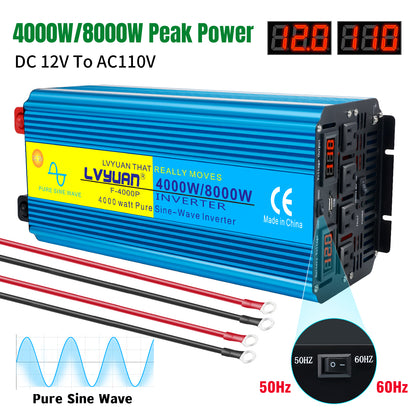 LVYUAN 4000W 8000W Peak Pure Sine Wave Power Inverter 12V DC to 110V AC Converter, 60Hz/50Hz, 4 AC Outlets + USB, LED Display, Remote Control for Car, RV, Camping & Home Backup