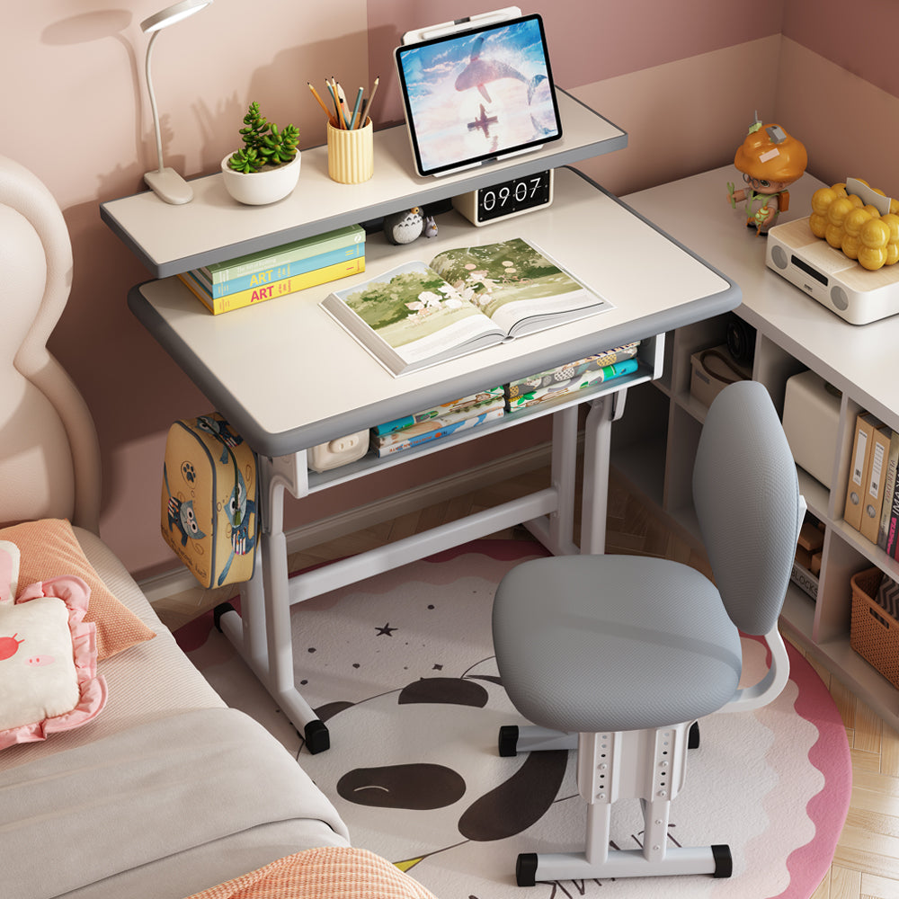 Kids Study Desk and Chair Set, LVYUAN Children School Drawing Desk Chair Set Height Adjustable Ergonomic Table and Chair Set  with LED Lamp, Book Stand, Storage Drawer, Hook Gray