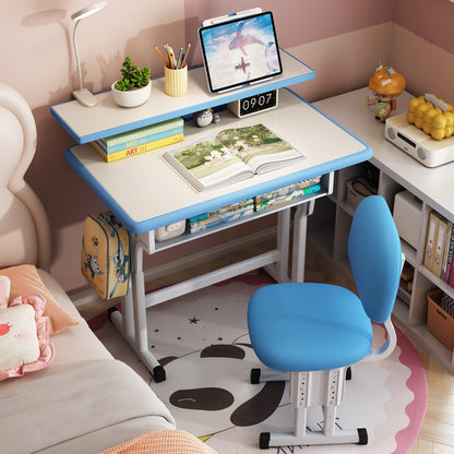 Kids Study Desk and Chair Set, LVYUAN Children School Drawing Desk Chair Set Height Adjustable Ergonomic Table and Chair Set  with LED Lamp, Book Stand, Storage Drawer, Hook Blue