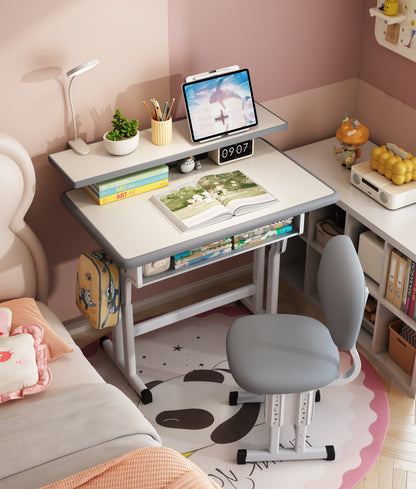 Kids Study Desk and Chair Set, LVYUAN Children School Drawing Desk Chair Set Height Adjustable Ergonomic Table and Chair Set  with LED Lamp, Book Stand, Storage Drawer, Hook Gray