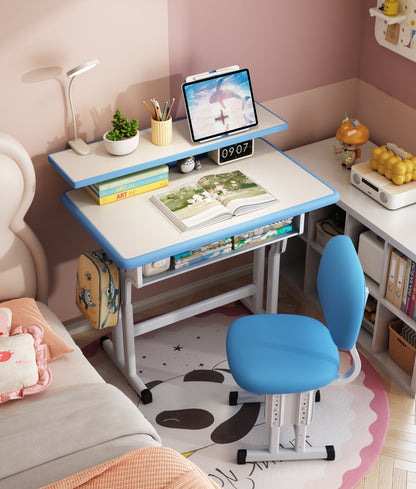 Kids Study Desk and Chair Set, LVYUAN Children School Drawing Desk Chair Set Height Adjustable Ergonomic Table and Chair Set  with LED Lamp, Book Stand, Storage Drawer, Hook Blue