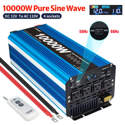 LVYUAN 5000W 10000W Peak Pure Sine Wave Power Inverter 12V DC to 110V AC Converter, 60Hz/50Hz, 4 AC Outlets + USB, LCD Display, Remote Control for Car, RV, Camping & Home Backup Blue