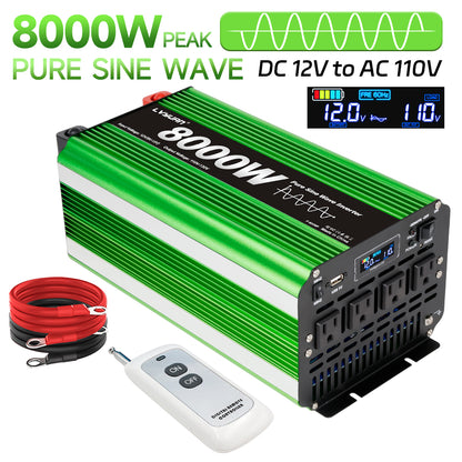 LVYUAN 4000W 8000W Peak Pure Sine Wave Power Inverter 12V DC to 110V AC Converter, 60Hz/50Hz, 4 AC Outlets + USB, LCD Display, Remote Control for Car, RV, Camping & Home Backup Green