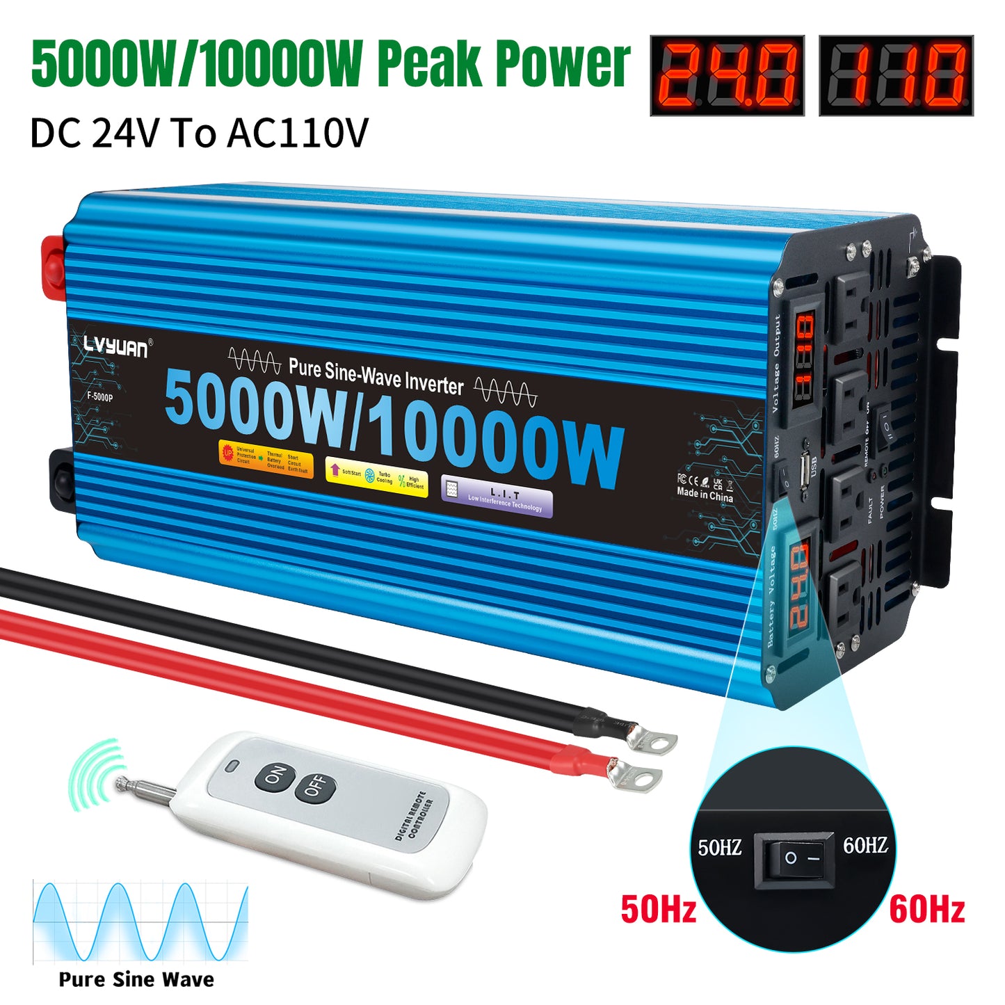 LVYUAN 5000W 10000W Peak Pure Sine Wave Power Inverter 24V DC to 110V AC Converter, 60Hz/50Hz, 4 AC Outlets + USB, LED Display, Remote Control for Car, RV, Camping & Home Backup