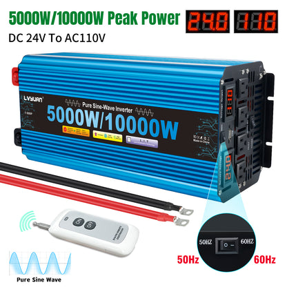 LVYUAN 5000W 10000W Peak Pure Sine Wave Power Inverter 24V DC to 110V AC Converter, 60Hz/50Hz, 4 AC Outlets + USB, LED Display, Remote Control for Car, RV, Camping & Home Backup