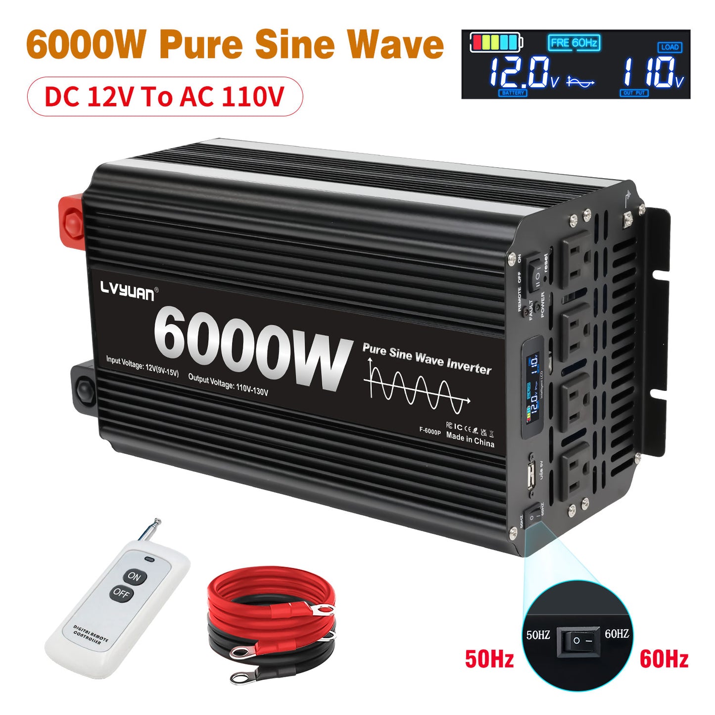 LVYUAN 3000W 6000W Peak Pure Sine Wave Power Inverter 12V DC to 110V AC Converter, 60Hz/50Hz, 4 AC Outlets + USB, LCD Display, Remote Control for Car, RV, Camping & Home Backup Black