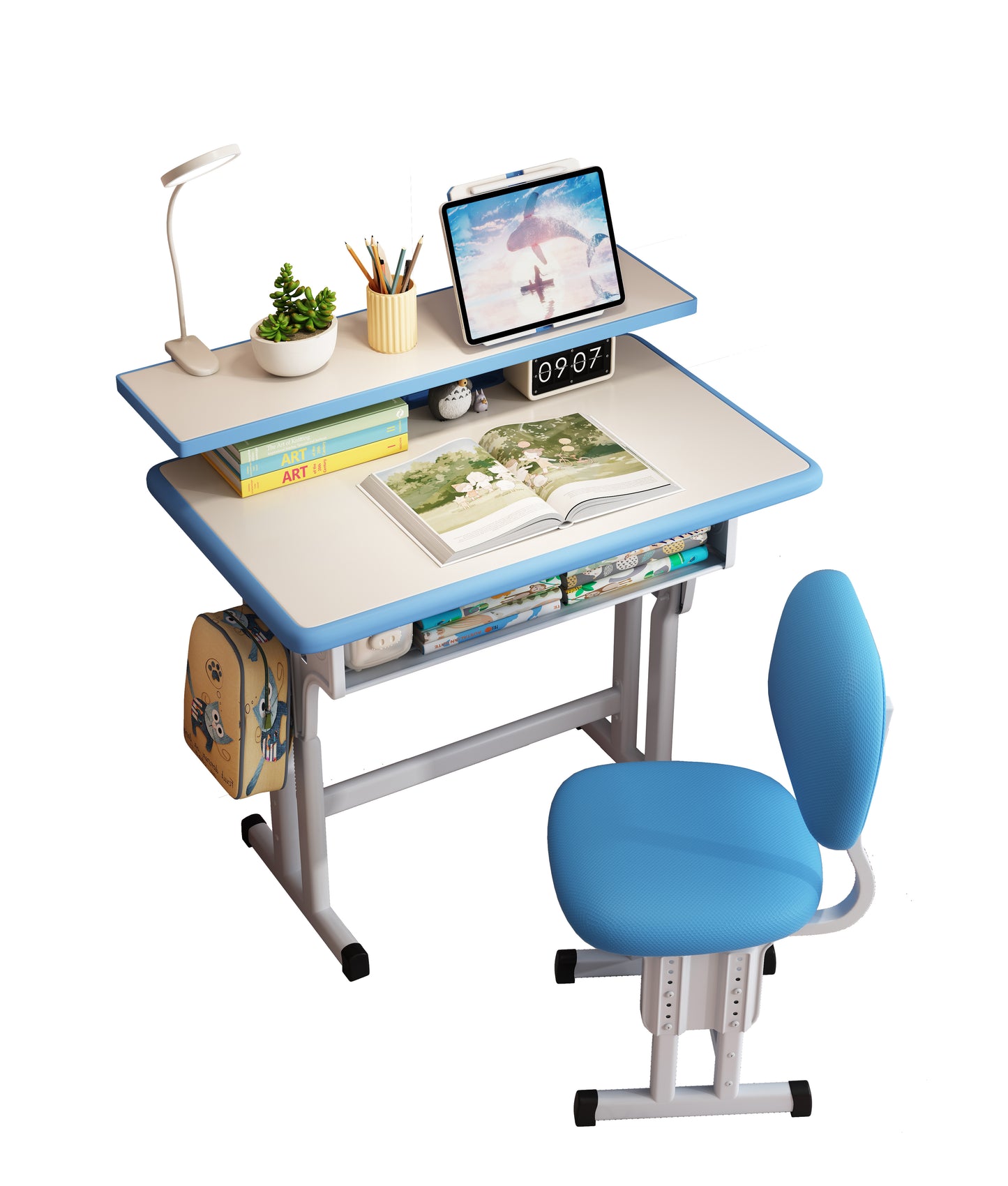 Kids Study Desk and Chair Set, LVYUAN Children School Drawing Desk Chair Set Height Adjustable Ergonomic Table and Chair Set  with LED Lamp, Book Stand, Storage Drawer, Hook Blue