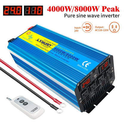 LVYUAN 4000W 8000W Peak Pure Sine Wave Power Inverter 24V DC to 110V AC Converter, 60Hz/50Hz, 4 AC Outlets + USB, LED Display, Remote Control for Car, RV, Camping & Home Backup